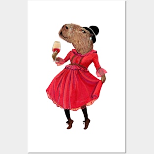 Lady Capybara wearing red dress Posters and Art